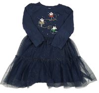 Tmavomodré bavlněné šaty s myškami a tylovou sukní C&A