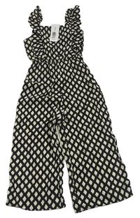 Černo-smetanový vzorovaný lněný culottes overal George
