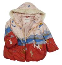 Světlerůžovo-červeno-modrá šusťáková zimní parka s obrázky a kapucí M&S
