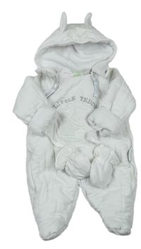 Bílá prošívaná šusťáková zimní kombinéza s medvídkem a kapucí s oušky + rukavice 