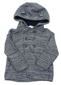 Tmavomodro-bílý melírovaný propínací svetr s kapucí s oušky lupilu
