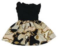 Černo-pudrovo-smetanové vzorované šaty s volánky SHEIN