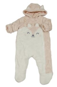 Světlerůžovo-bílá plyšová zateplená kombinéza s čumáčkem a kapucí s oušky C&A