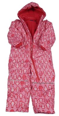 Růžová puntíkatá šusťáková zimní kombinéza s tučňáčky a odepínací kapucí lupilu