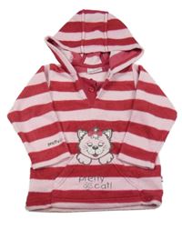 Vínovo-světlerůžová pruhovaná fleecová mikina s kočičkou a kapsou a kapucí