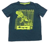 Petrolejové tričko s dinosaurem a nápisy Tu