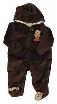 Hnědá chlupatá zateplená kombinéza s medvědy a kapucí