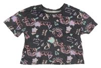 Antracitové crop tričko s jednorožci a srdíčky Primark