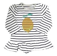 Bílo-tmavomodré pruhované triko s citrónem z flitrů Topomini