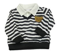 Černo-bílá pruhovaná polo mikina s medvědem