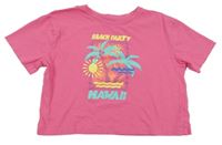 Tmavorůžové crop tričko s palmami a nápisem Primark