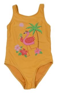 Oranžové jednodílné plavky s plameňákem a palmou Primark