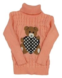 Meruňkový vzorovaný dlouhý svetr s medvědem a rolákem 