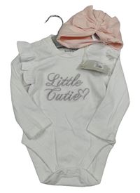 Nové - 2 set - bílé žebrované body s nápisem + světlerůžová turbanová čepice s mašlí River Island