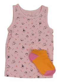 2 set - růžová košilka s ptáčky + oranžovo-růžové ponožky 