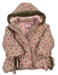 Růžová kytičkovaná šusťáková zimní bunda s kapucí + rukavice Baker