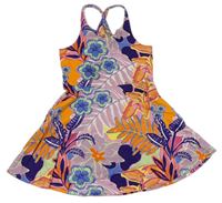 Lila-barevné květované bavlněné šaty s listy Tu