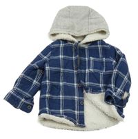 Tmavomodro-bílo-šedá kostkovaná zateplená košilová bunda s kapucí F&F