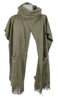 Dámský béžovo-šedý žebrovaný svetrový cardigán s komínovým límcem a třásněmi 