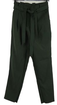 Dámské tmavozelené paper bag kalhoty s páskem New Look 