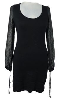 Dámské černé pletené šaty s šifonovými vzorovanými rukávy Mango