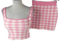 2set - Dámský růžovo-bílý kostkovaný pletený crop top + sukně Primark