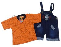 2set- oranžové vzorované tričko+ riflové laclové kraťasy s medvědem