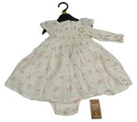 3set- bílé žavičkové plátěné šaty se zvířátky+ kalhotky+ čelenka Mothercare
