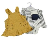 Nové - Hořčicové manšestrové šaty s kočkami+ pruhované body+ punčocháče F&F