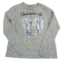 Šedý melírovaný lehký svetr se srdíčkem/jednorožcem z překlápěcích flitrů Primark