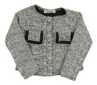 Bílo-černý melírovaný pletený crop kabátek s kapsami