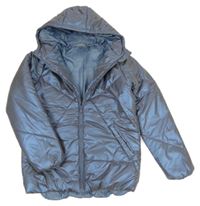 Modrošedá metalická šusťáková zimní bunda s kapucí 