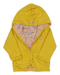 Žlutá žebrovaná propínací oboustranná mikina se srdíčkem a kapucí 