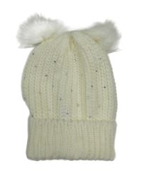 Smetanová pletená čepice s kamínky a bambulemi Kiki&Koko