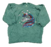 Tmavozelený chlupatý svetr s jednorožcem z flitrů Sinsay