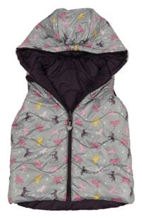Šedá šusťáková oboustranná zateplená jedecká vesta s kapucí s koníky