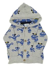 Šedý propínací svetr s vrtulníky a kapucí Topomini