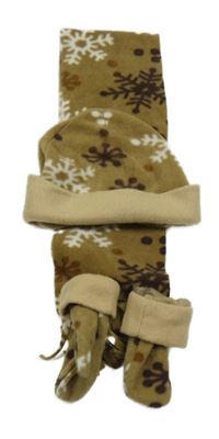 3set - Písková fleecová čepice + šála + rukavice s vločkami 