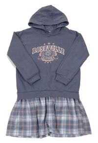Modrošedo-kostkované teplákovo/plátěné šaty s nápisem a kapucí Primark