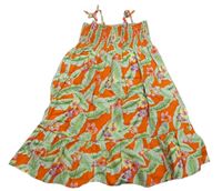 Tmavooranžovo-světlezelené plátěné letní šaty s lístečky a kytičkami H&M