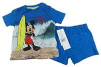 2Set - Petrolejovo-bílo-světlehnědo-modré tričko s Mickey + modré kraťasy Disney
