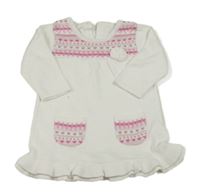 Bílo-růžovo-šedé úpletové šaty se srdíčky a vzorem a květem a volánky Matalan