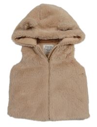 Pudrová kožešinová zateplená vesta s kapucí s oušky zn. F&F