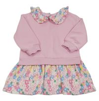 Světlerůžové teplákovo/mačkané šaty s květy a límečkem St. Bernard