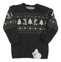 Nové - tmavošedý melírovaný svetr s Mickey a stromečky a vzorem George