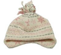 Smetanovo-růžovo-černošedá vzorovaná fleecová čepice s vločkami a srdíčky C&A