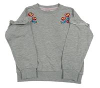 Šedá melírovaná oversize mikina s kytičkami a volánky dopodopo