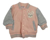 Světlerůžovo-šedá baseballová teplá mikina se zajíčkem a pruhy Hello Baby