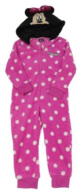 Tmavorůžovo-bílá puntíkatá plyšová kombinéza s kapucí - Minnie s flitry PEP&CO