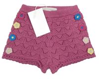 Nové - růžové ažurové pletené kraťasy s 3D květy ZARA